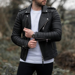 Men's Black Faux Leather Biker Jacket with Quilted Design