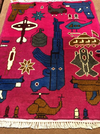 rug no 1 Hand Made Afghan war Rug , 9/11 world trade center war rugs with weapons Size 60  cm x 80 cm