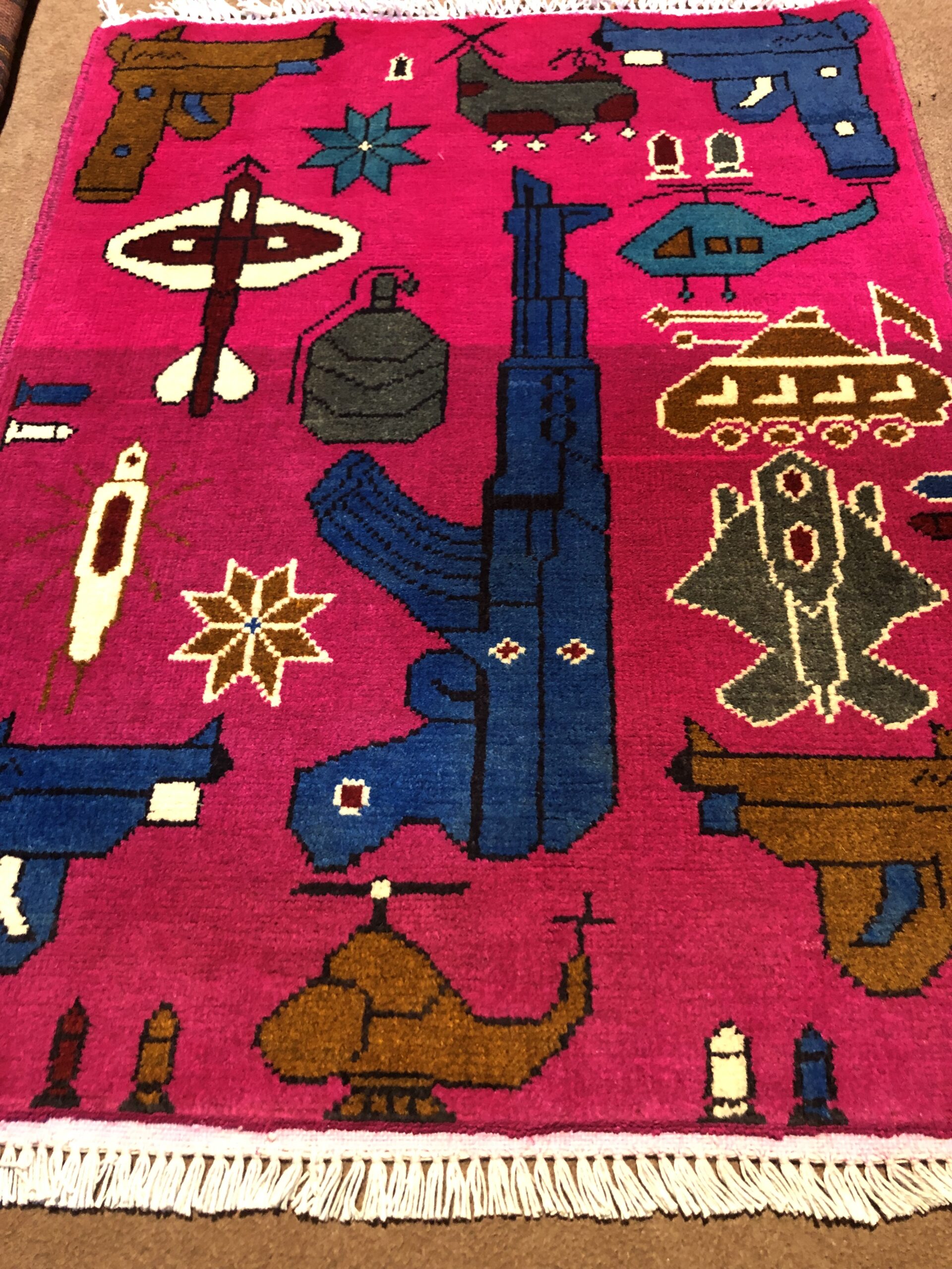 rug no 1 Hand Made Afghan war Rug , 9/11 world trade center war rugs with weapons Size 60  cm x 80 cm