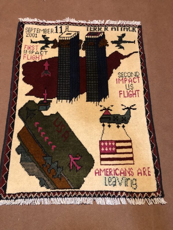 rug no 149 Hand Made Afghan war Rug , 9/11 world trade center war rugs with weapons Size 60  cm x 80 cm