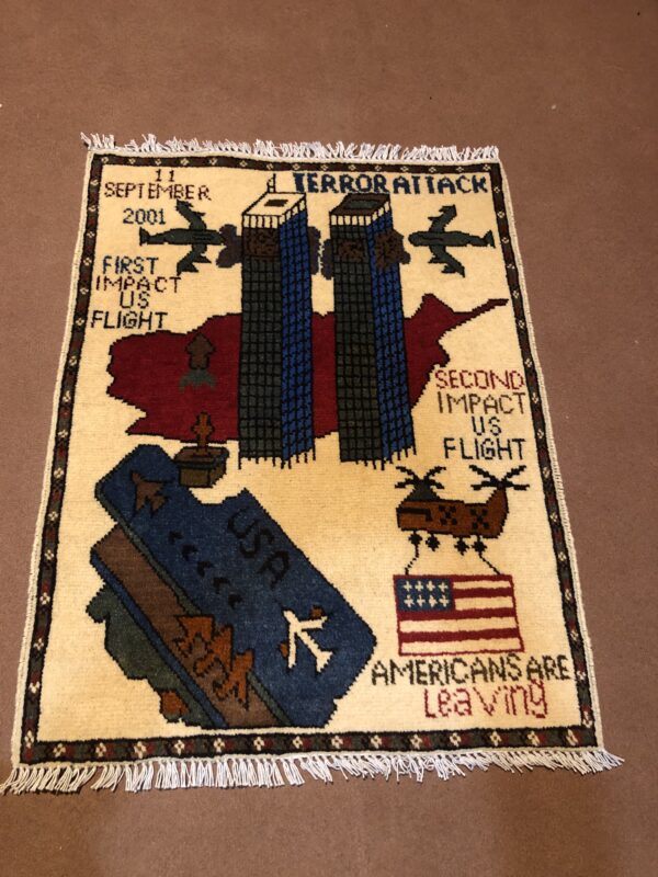 rug no 145 Hand Made Afghan war Rug , 9/11 world trade center war rugs with weapons Size 60  cm x 80 cm