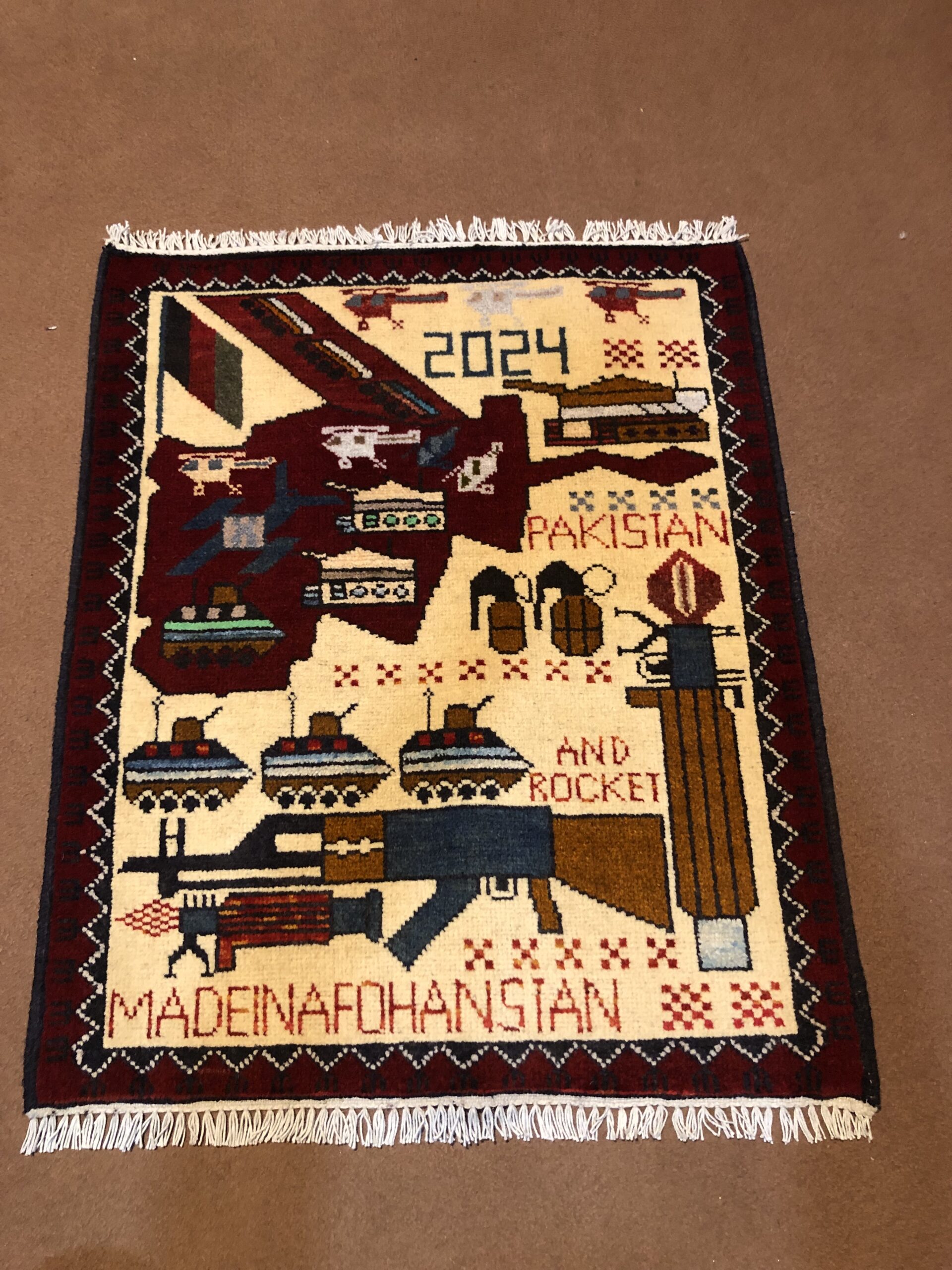 rug no 160Hand Made Afghan war Rug , 9/11 world trade center war rugs with weapons Size 60  cm x 80 cm