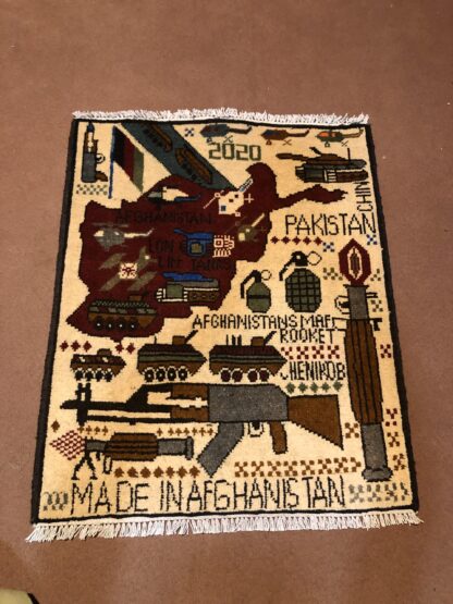 rug no 162 Hand Made Afghan war Rug , 9/11 world trade center war rugs with weapons Size 60  cm x 80 cm
