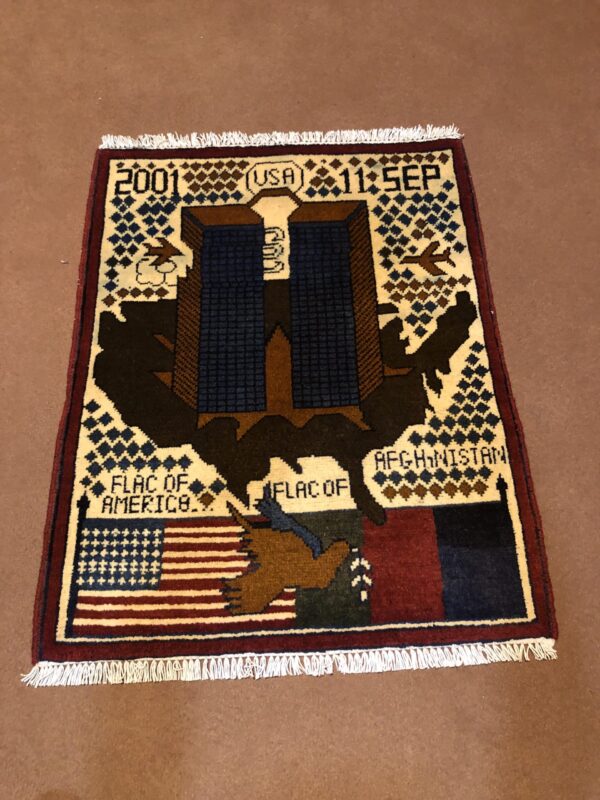rug no 1 Hand Made Afghan war Rug , 9/11 world trade center war rugs with weapons Size60  cm x 80 cm