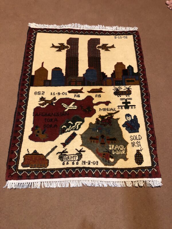 rug no 71 Hand Made Afghan war Rug , 9/11 world trade center war rugs with weapons Size60  cm x 80 cm