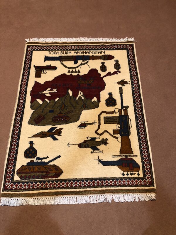 rug no 1 Hand Made Afghan war Rug , 9/11 world trade center war rugs with weapons Size 60  cm x 80 cm