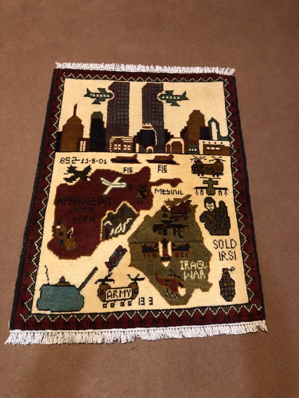 rug no 1 Hand Made Afghan war Rug , 9/11 world trade center war rugs with weapons Size60  cm x 80 cm
