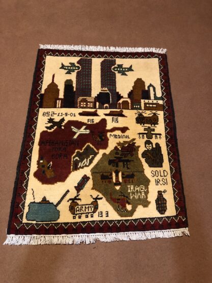 rug no 1 Hand Made Afghan war Rug , 9/11 world trade center war rugs with weapons Size60  cm x 80 cm
