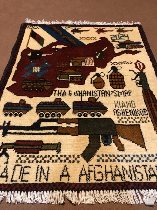 rug no 159 Hand Made Afghan war Rug , 9/11 world trade center war rugs with weapons Size 60 cm x 80 cm - Image 2