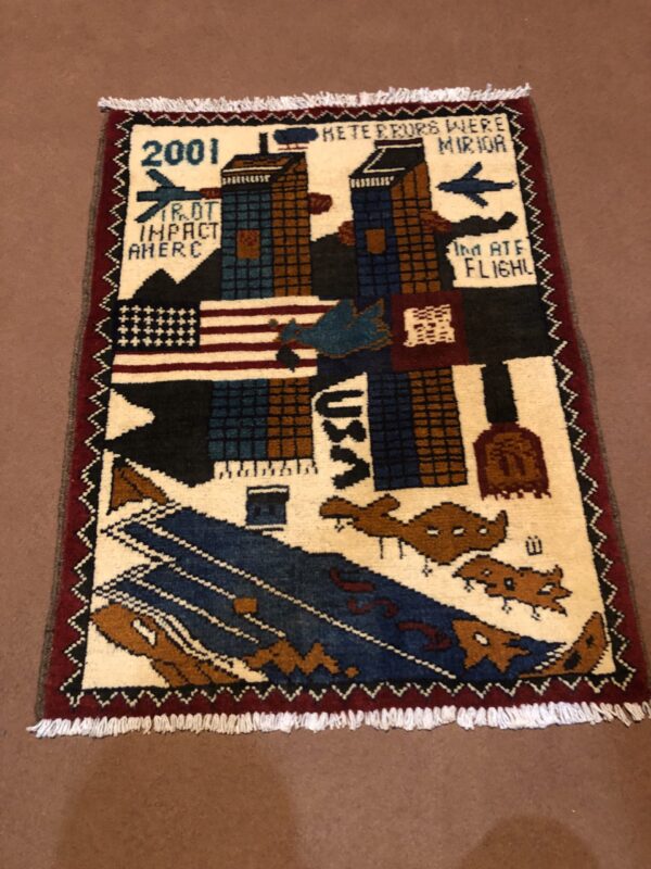 rug no 162 Hand Made Afghan war Rug , 9/11 world trade center war rugs with weapons Size 60  cm x 80 cm