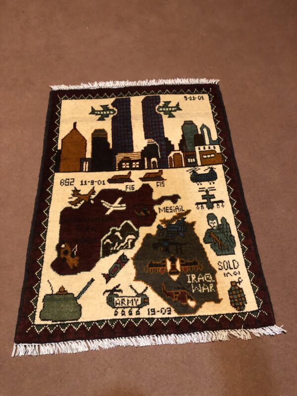 rug no 1  Hand Made Afghan war Rug , 9/11 world trade center war rugs with weapons Size 60 cm x 80 ) cm