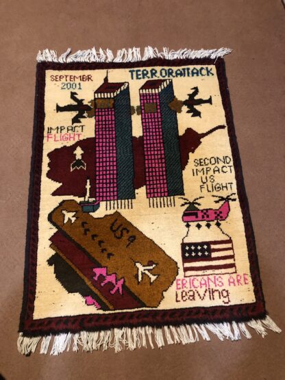 rug no 173 Hand Made Afghan war Rug , 9/11world trade center war rugs with weapons Size 60 cm x 80 cm