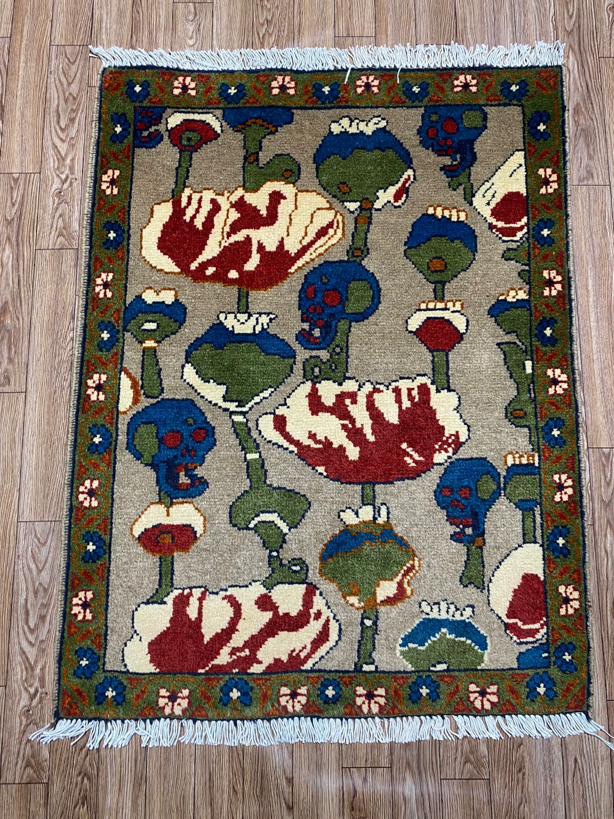 rug no 150 Hand Made Afghan war Rug , opium motif war rugs with weapons Size 60  cm x 80 cm