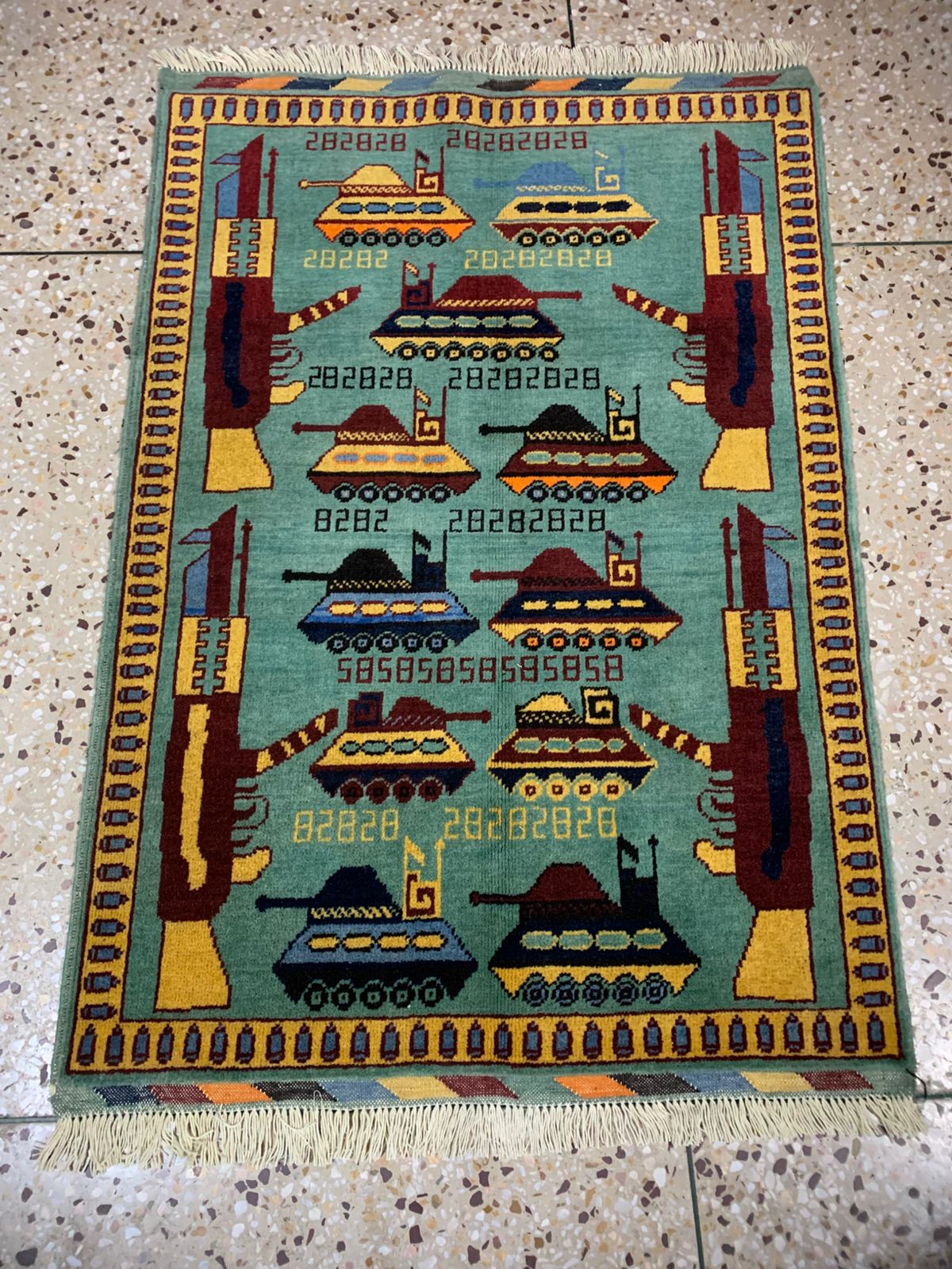 Handmade Afghan war Rug , world trade center war rugs with weapons Size125cm x 87 cm