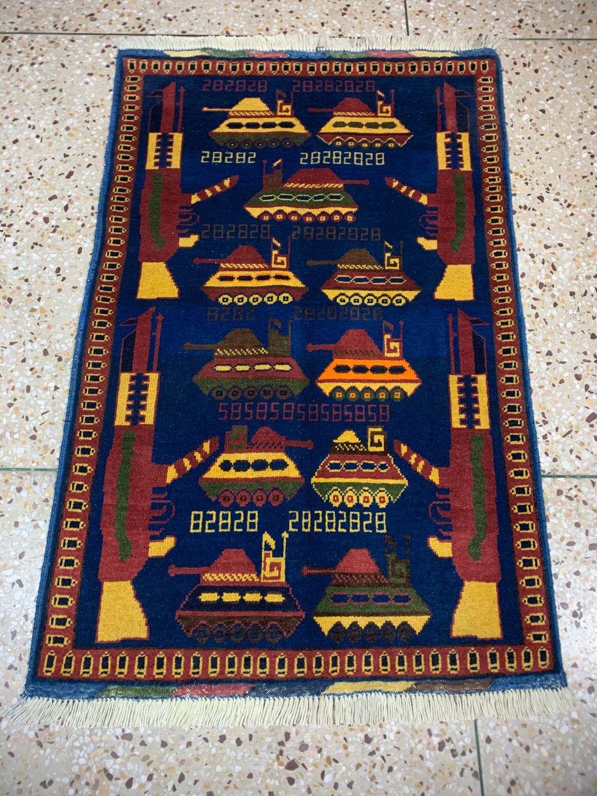 Handmade Afghan war Rug , world trade center war rugs with weapons Size125cm x 87 cm