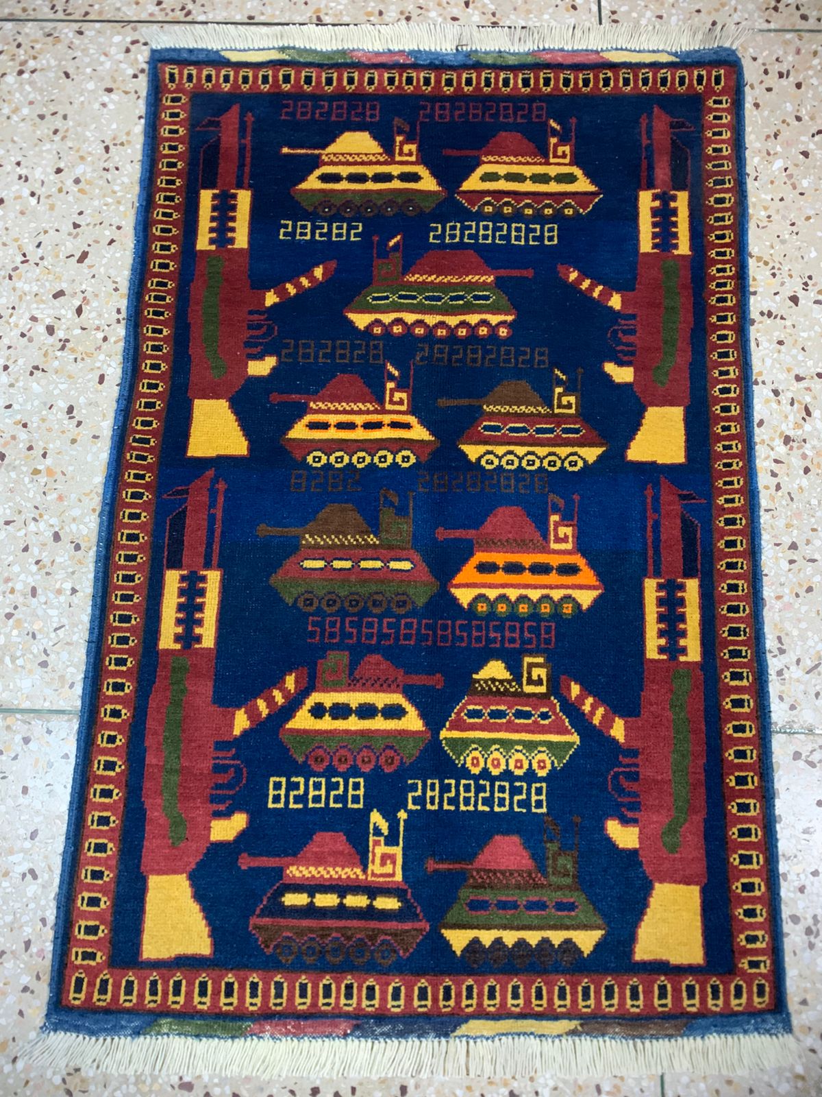 Handmade Afghan war Rug , world trade center war rugs with weapons Size125cm x 87 cm - Image 4